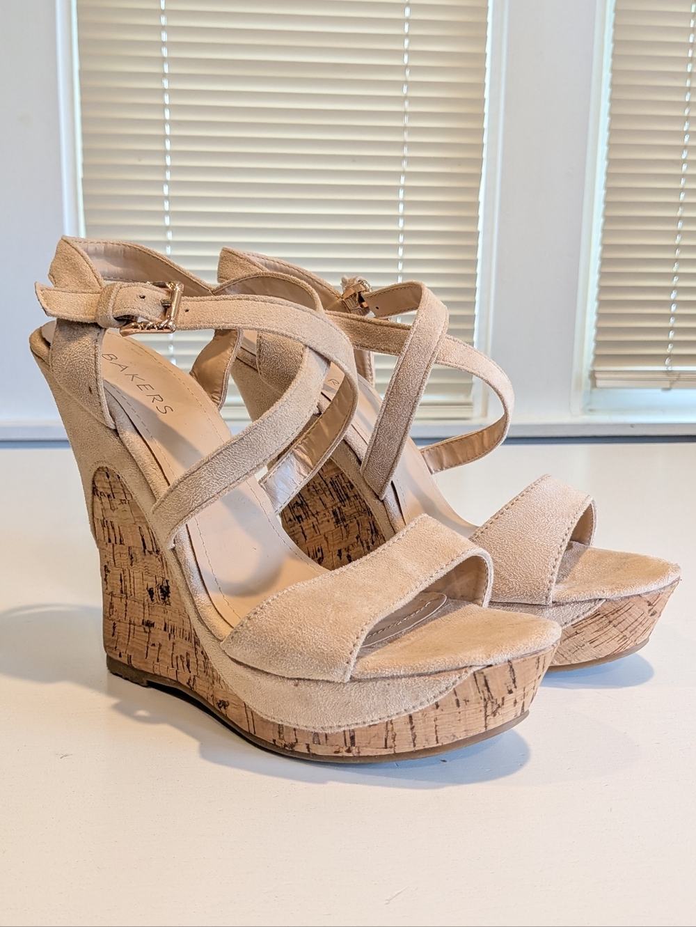 Bakers Nude Suede Cork Wedge Sandals - Strappy Platform Heels